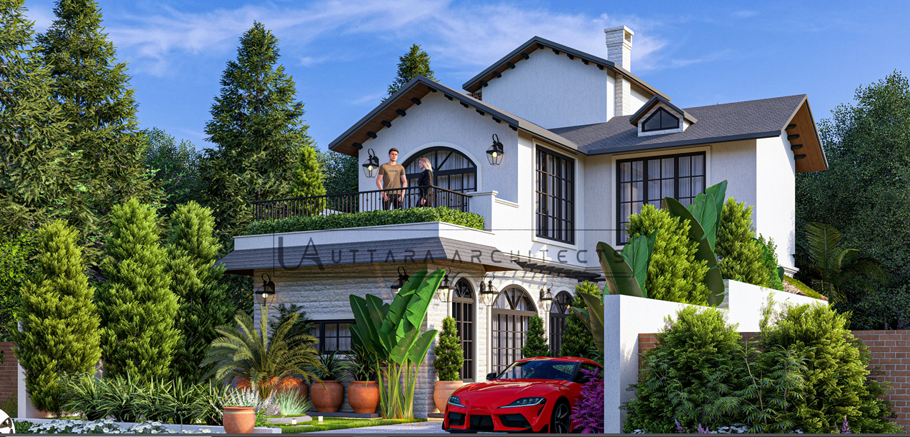Spanish-inspired villa facade at Bagicha at Ganges