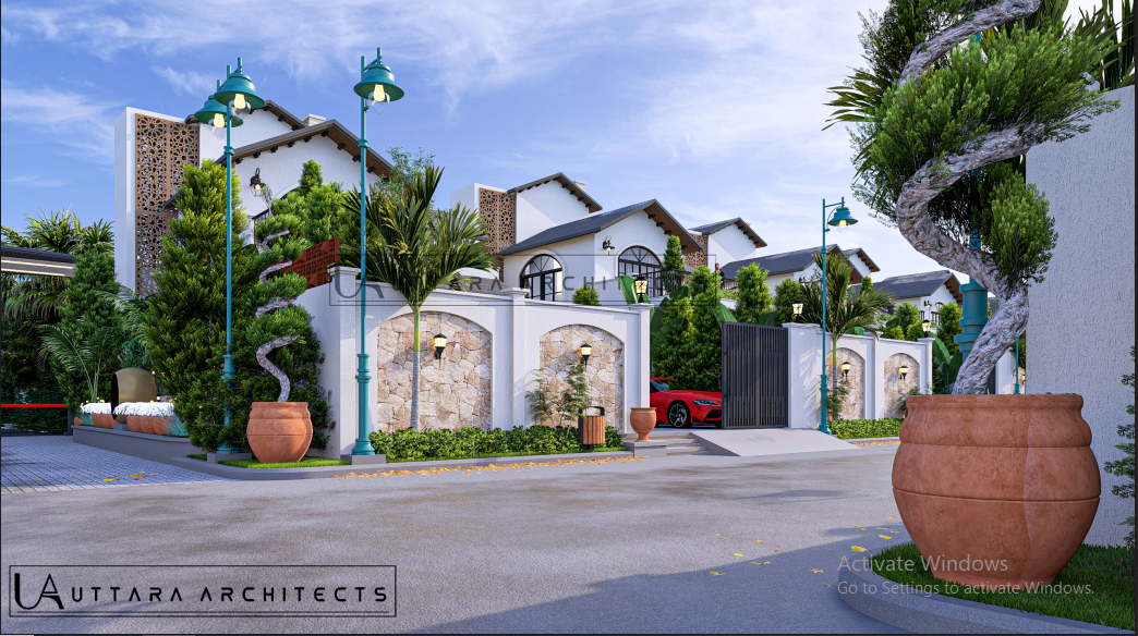 Internal estate street with Spanish villas and planters