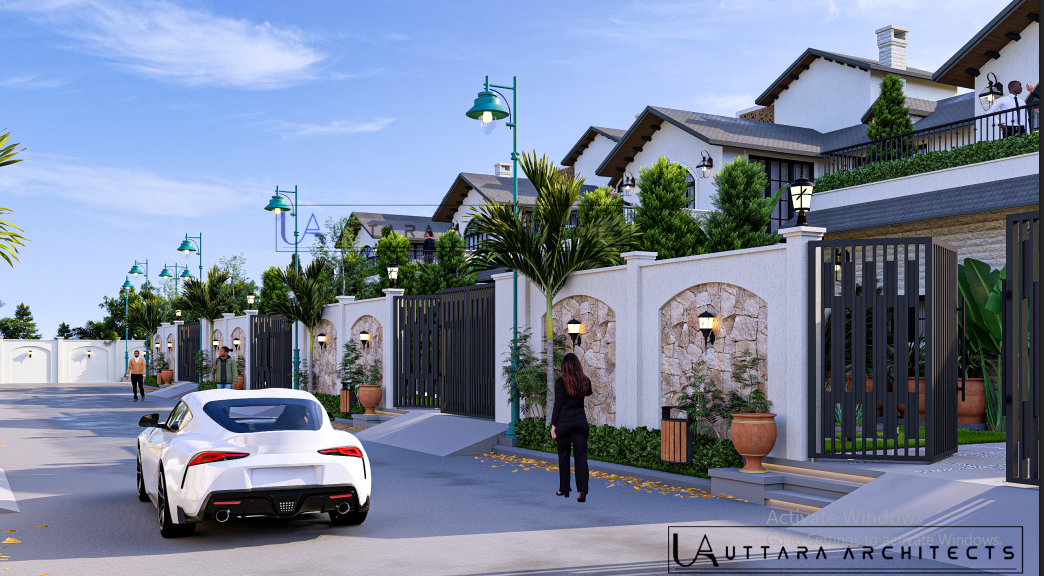 Internal driveway with villa gates and planted boundary walls