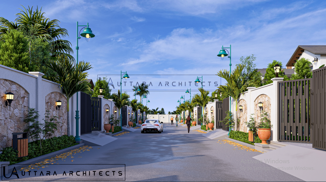 Open avenue with luxury villas and street lighting