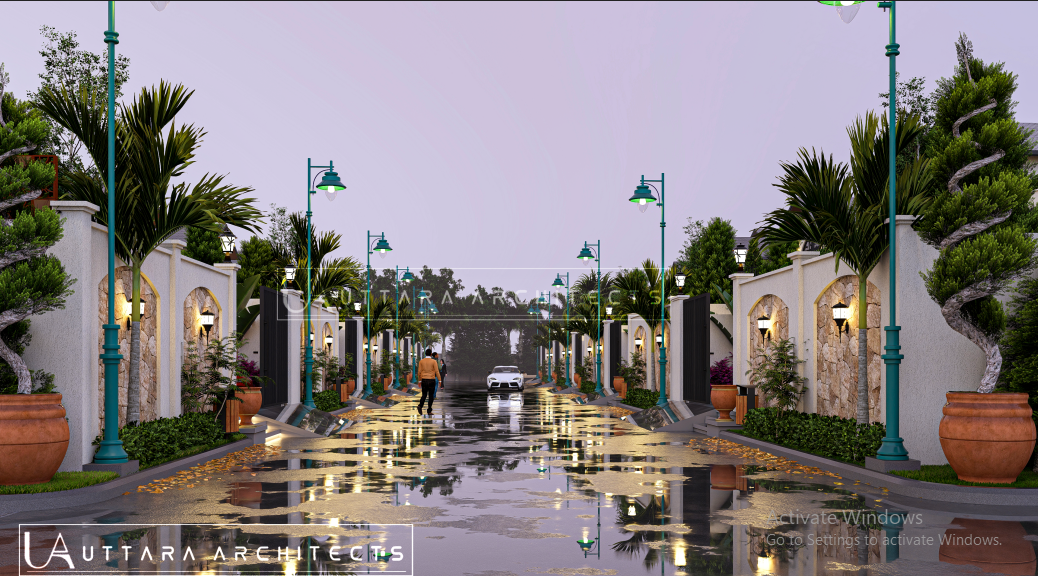 Evening rain view of landscaped internal avenue