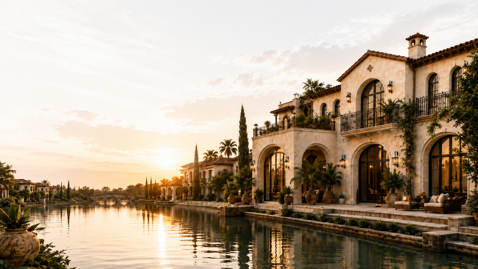 Spanish-inspired Bagicha at Ganges villa beside a canal at golden hour