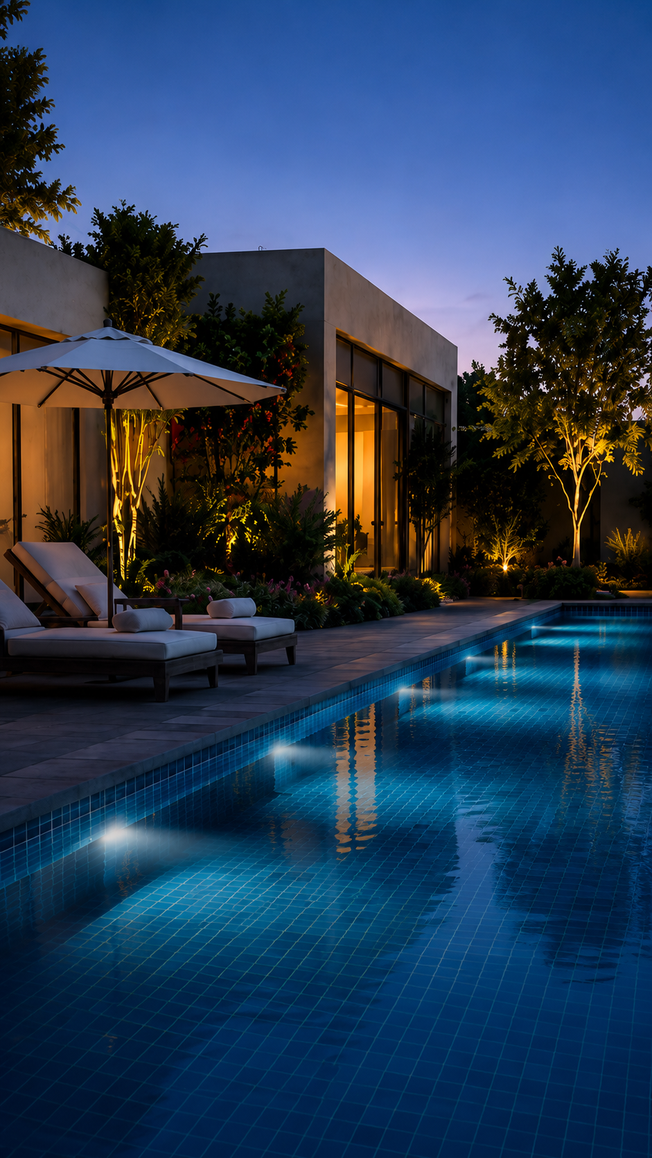 Private pool courtyard with Spanish arches and luxury seating