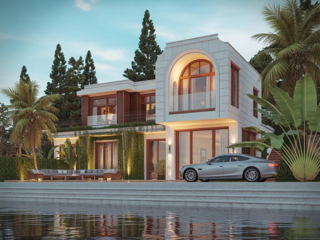 Exterior view of a luxury Spanish farmhouse villa at Bagicha at Ganges Haridwar with terracotta roof and private garden.