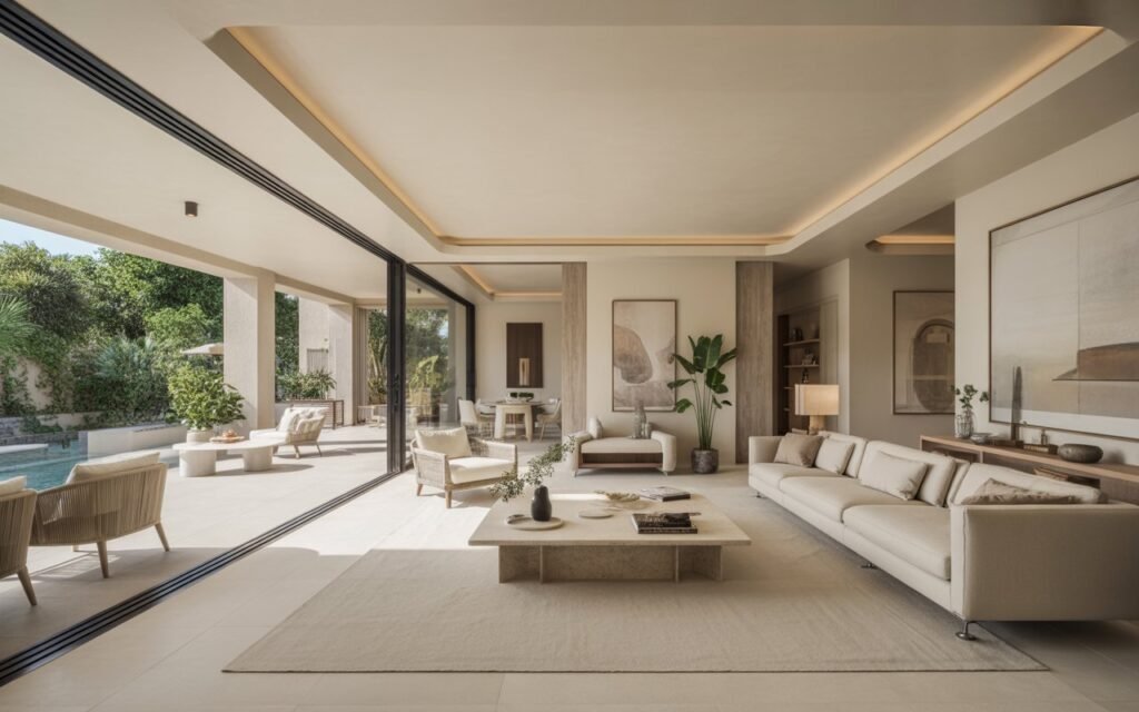 Modern Spanish interior design of a luxury farmhouse living room in Haridwar featuring rustic decor and high ceilings.