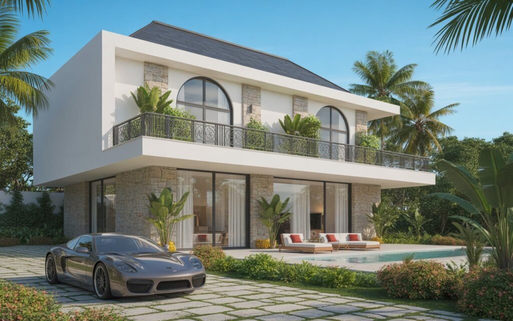 Exterior view of a luxury Spanish farmhouse villa at Bagicha at Ganges in Haridwar with terracotta roofs and a private garden.