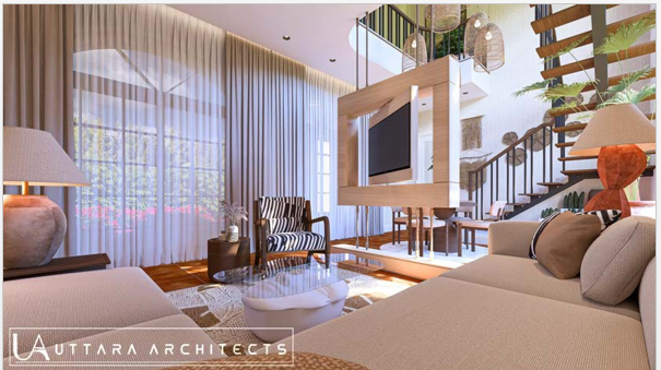 Ground-floor lobby with soft seating, warm finishes and open staircase