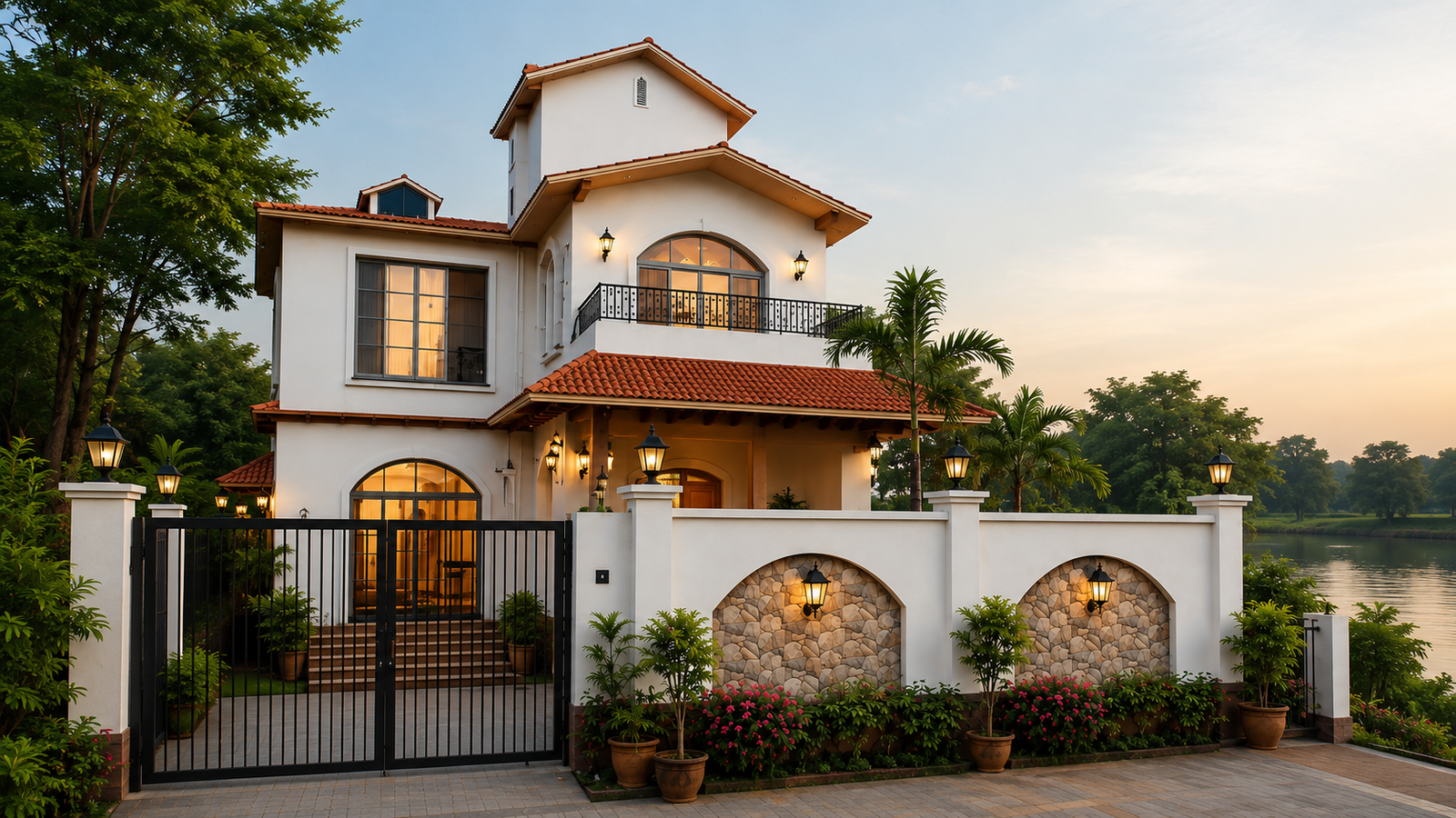 Spanish-inspired Bagicha At Ganges luxury farmhouse beside water at sunset